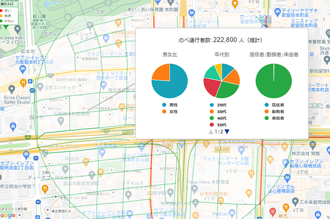 グラフ：道路１本単位で車/徒歩別の交通量や、通行者のデモグラフィックを確認